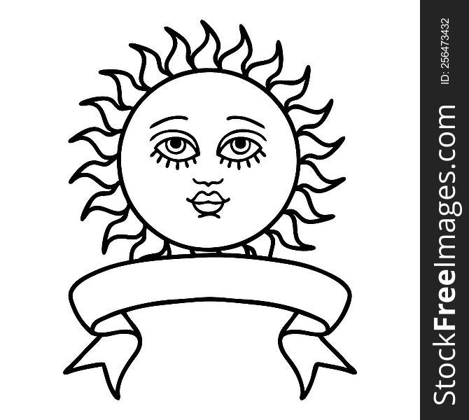 traditional black linework tattoo with banner of a sun with face