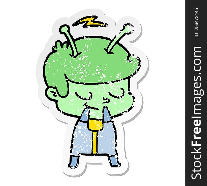 distressed sticker of a self conscious cartoon spaceman