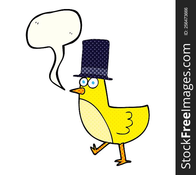freehand drawn comic book speech bubble cartoon bird wearing hat