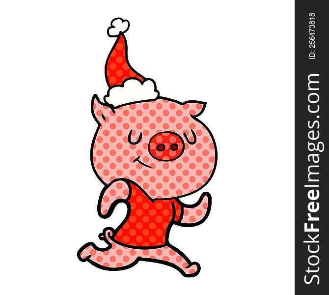 Happy Comic Book Style Illustration Of A Pig Running Wearing Santa Hat