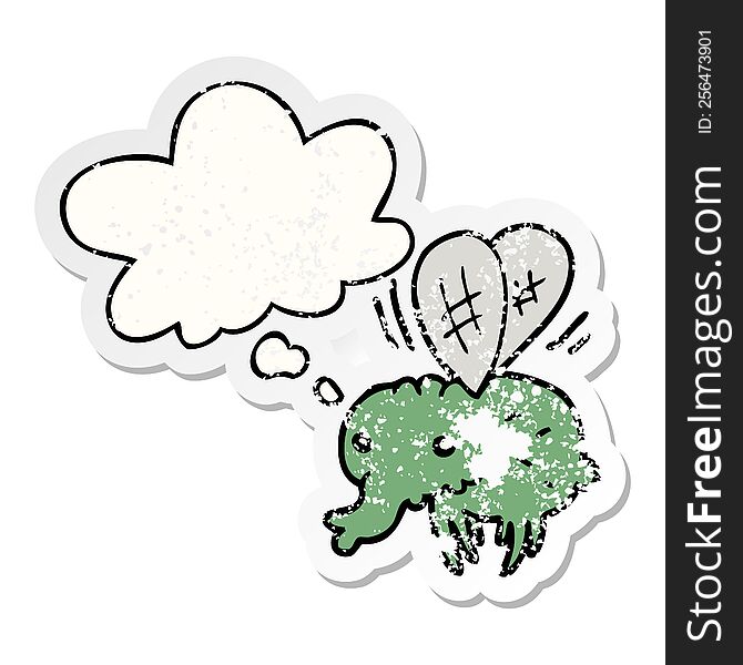 cartoon fly with thought bubble as a distressed worn sticker