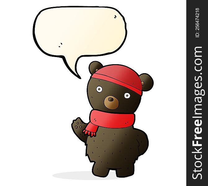 cartoon black bear in winter hat and scarf with speech bubble