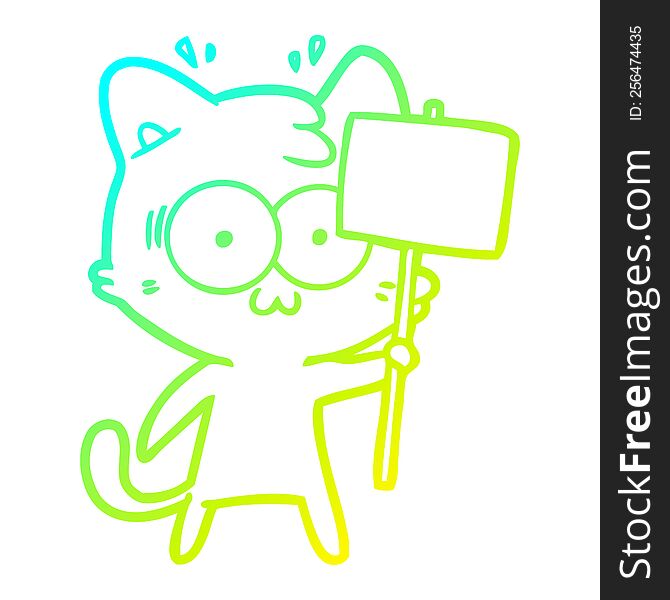 Cold Gradient Line Drawing Cartoon Surprised Cat Waving Sign