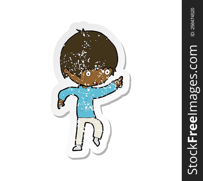 Retro Distressed Sticker Of A Cartoon Worried Boy Pointing