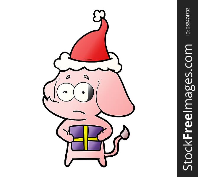 hand drawn gradient cartoon of a unsure elephant with christmas present wearing santa hat
