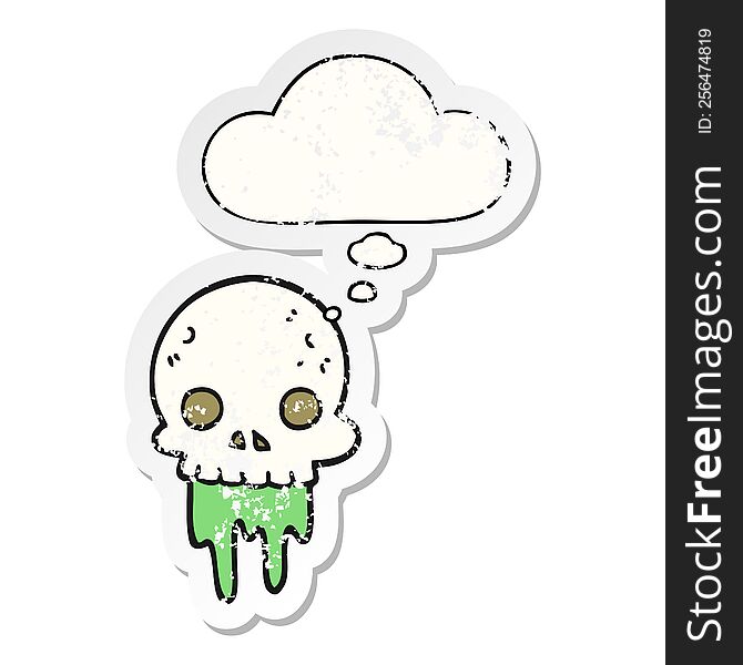 Cartoon Spooky Halloween Skull And Thought Bubble As A Distressed Worn Sticker