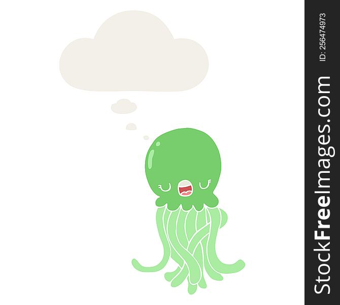cartoon jellyfish with thought bubble in retro style