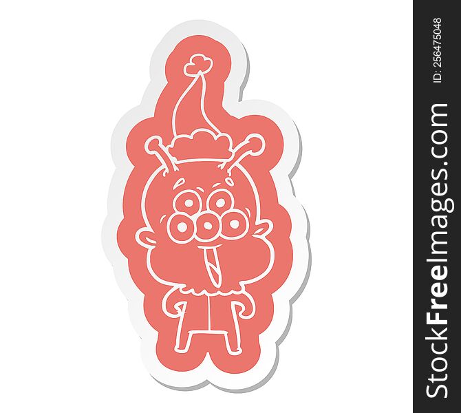 Happy Cartoon  Sticker Of A Alien Wearing Santa Hat