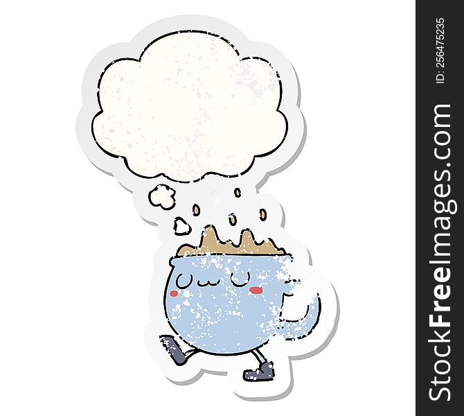 Cartoon Coffee Cup Walking And Thought Bubble As A Distressed Worn Sticker