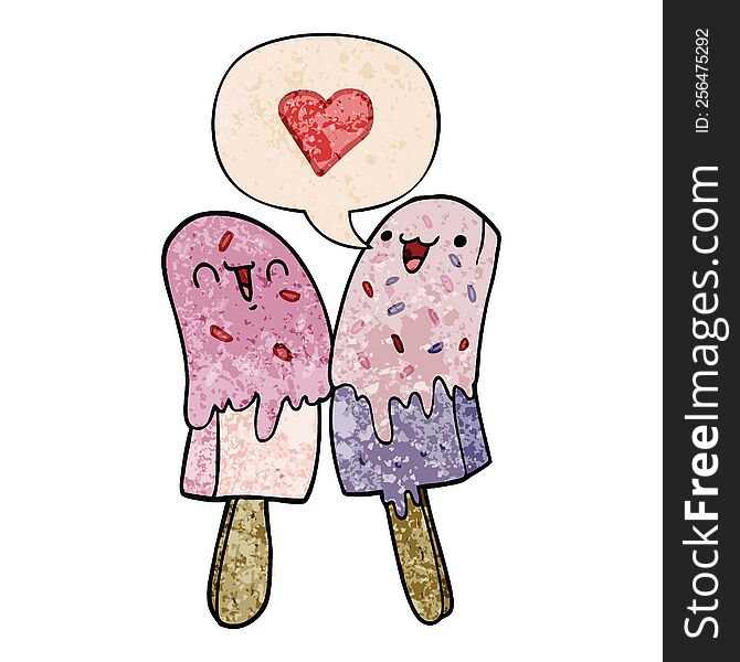 cartoon ice lolly in love and speech bubble in retro texture style