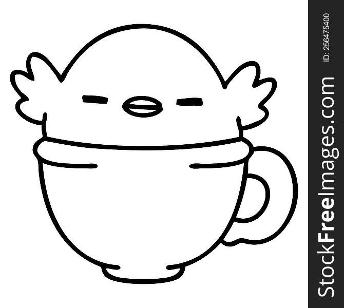 line doodle of a cute baby bird sitting in a coffee cup. line doodle of a cute baby bird sitting in a coffee cup