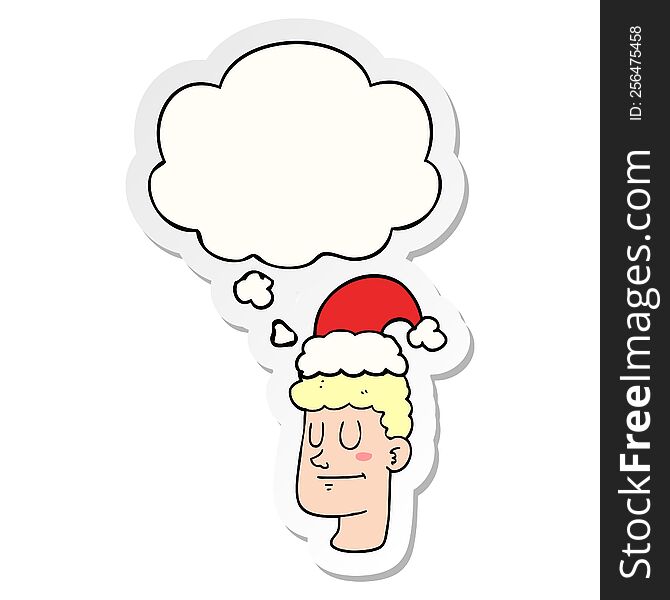 Cartoon Man Wearing Christmas Hat And Thought Bubble As A Printed Sticker