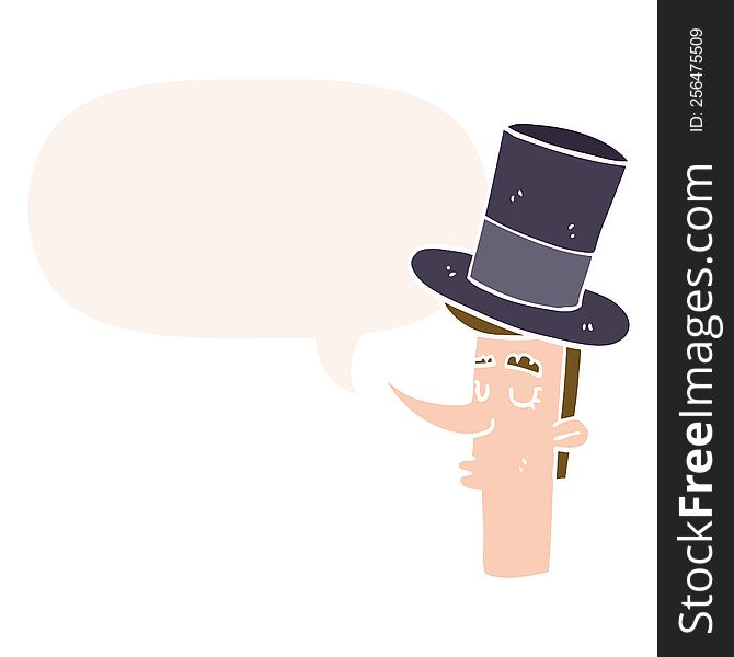 cartoon man wearing top hat with speech bubble in retro style