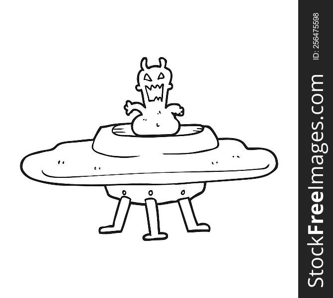 Black And White Cartoon Alien In Flying Saucer