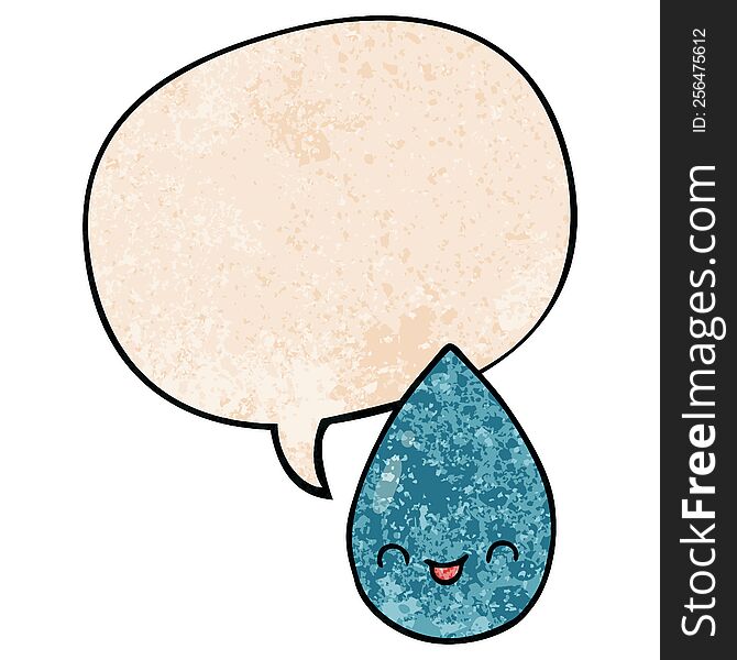 Cartoon Cute Raindrop And Speech Bubble In Retro Texture Style