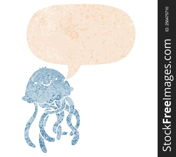 Cartoon Happy Jellyfish And Speech Bubble In Retro Textured Style