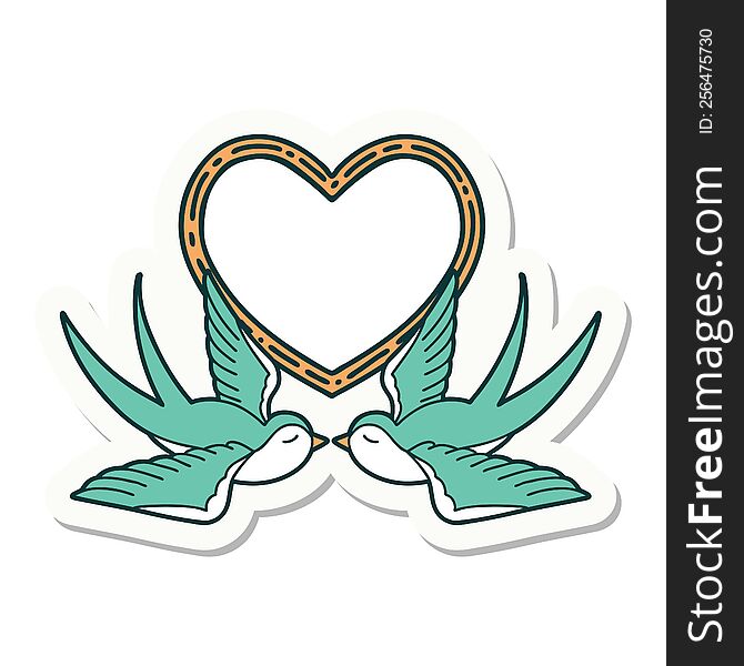 sticker of tattoo in traditional style of swallows and a heart. sticker of tattoo in traditional style of swallows and a heart