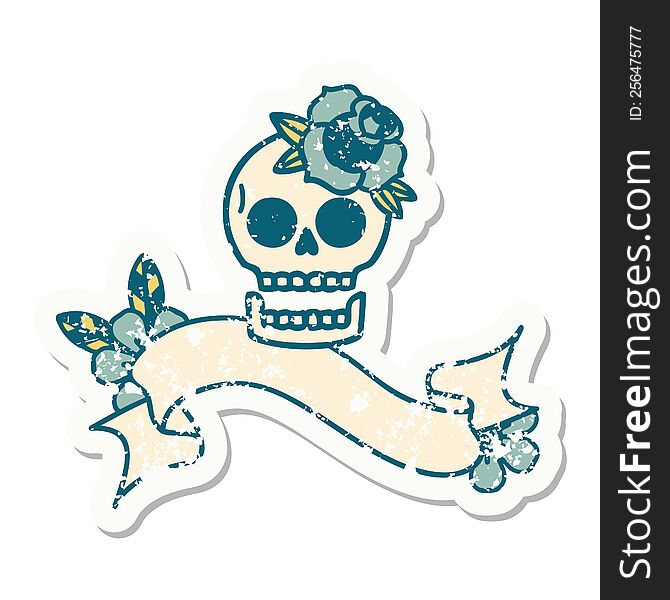 worn old sticker with banner of a skull and rose. worn old sticker with banner of a skull and rose