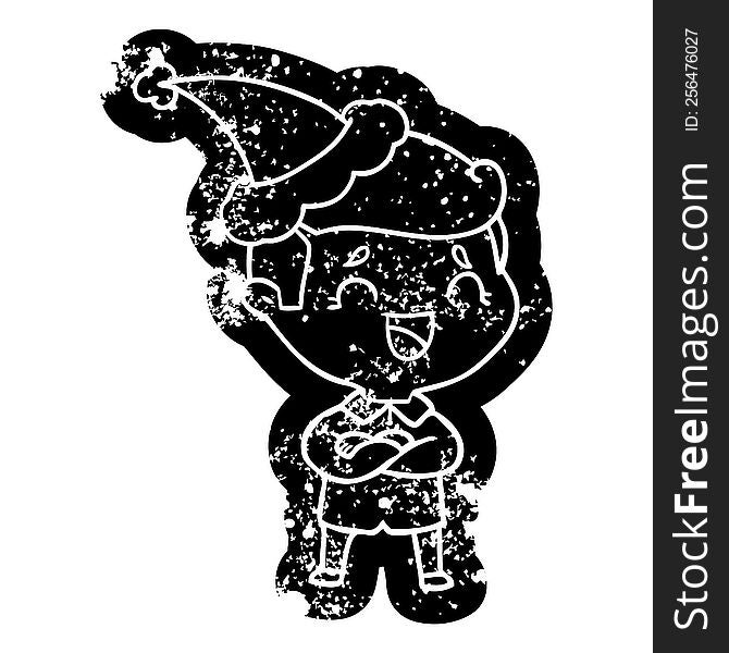 Cartoon Distressed Icon Of A Laughing Man Wearing Santa Hat