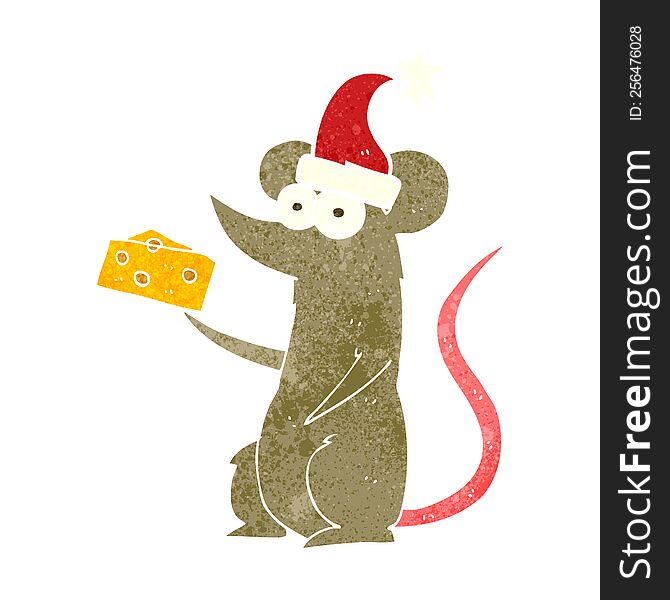 freehand retro cartoon christmas mouse with cheese