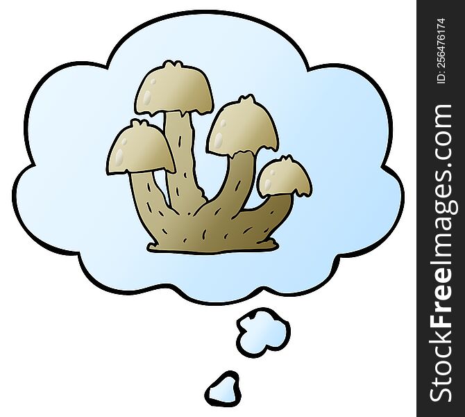 cartoon mushrooms with thought bubble in smooth gradient style