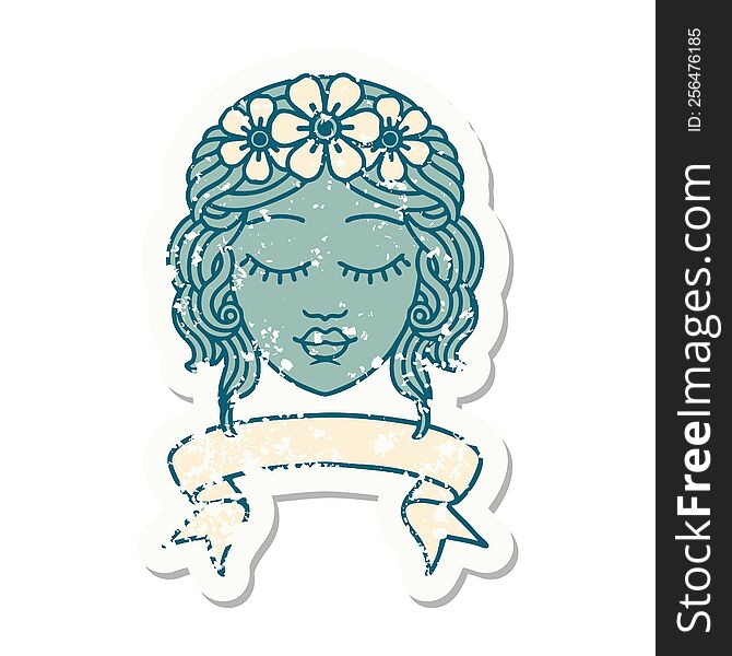 grunge sticker with banner of female face with eyes closed