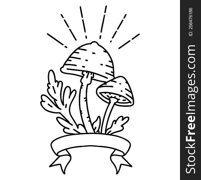 Banner With Black Line Work Tattoo Style Mushrooms