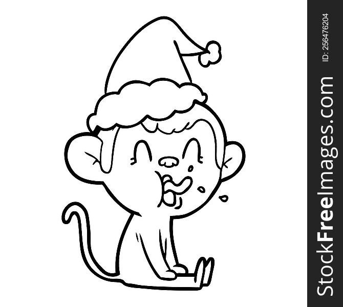 Crazy Line Drawing Of A Monkey Sitting Wearing Santa Hat