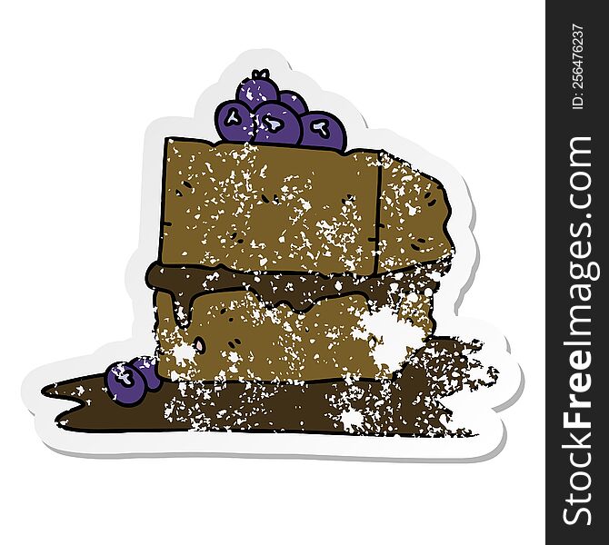 distressed sticker of a quirky hand drawn cartoon chocolate cake