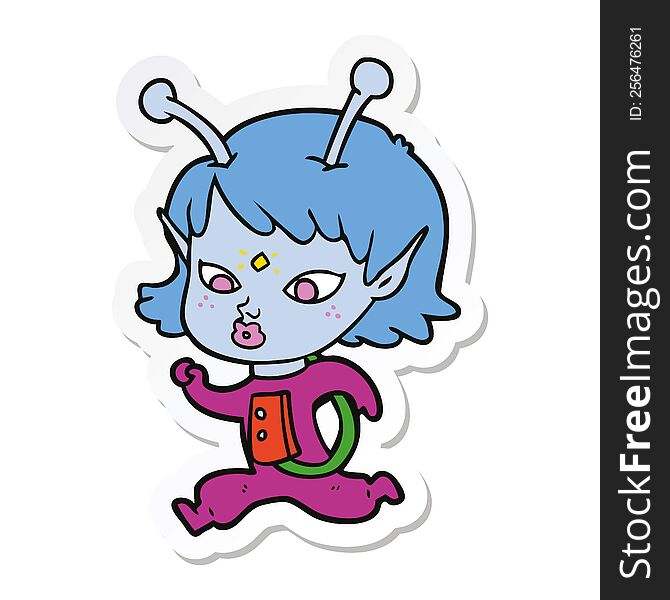 Sticker Of A Pretty Cartoon Alien Girl Running