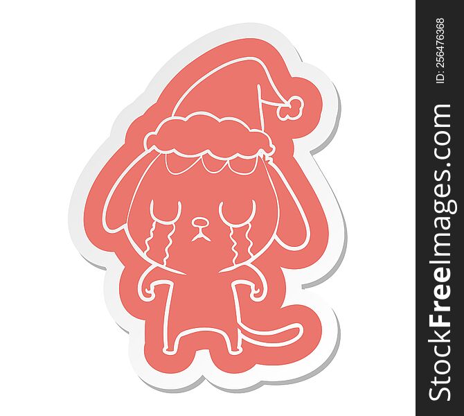 Cute Cartoon  Sticker Of A Dog Crying Wearing Santa Hat