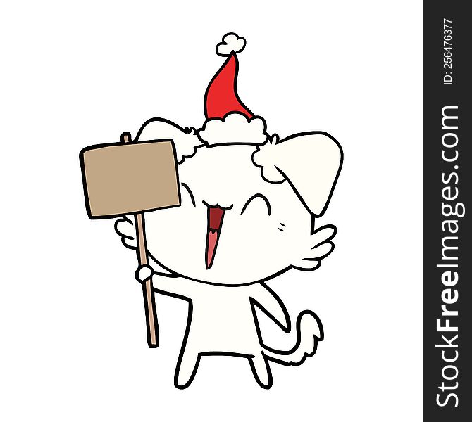 happy little hand drawn line drawing of a dog holding sign wearing santa hat