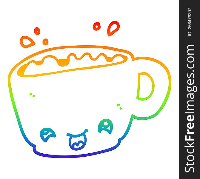 Rainbow Gradient Line Drawing Cartoon Cup Of Coffee