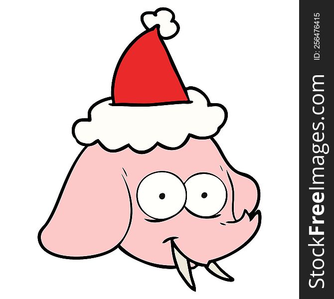 hand drawn line drawing of a elephant face wearing santa hat