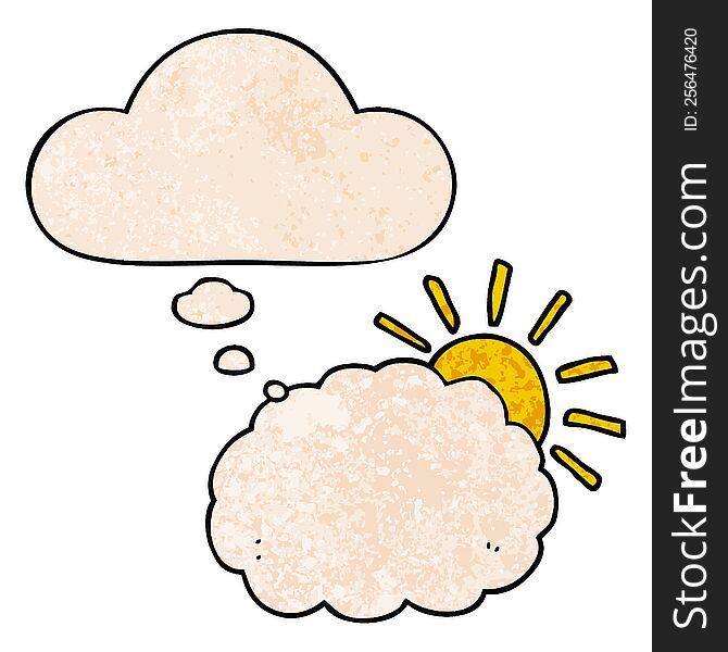 cartoon sun and cloud symbol with thought bubble in grunge texture style. cartoon sun and cloud symbol with thought bubble in grunge texture style