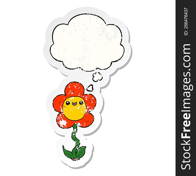 Cartoon Flower And Thought Bubble As A Distressed Worn Sticker