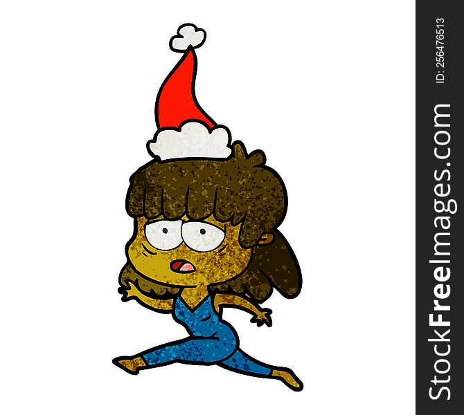 hand drawn textured cartoon of a tired woman wearing santa hat