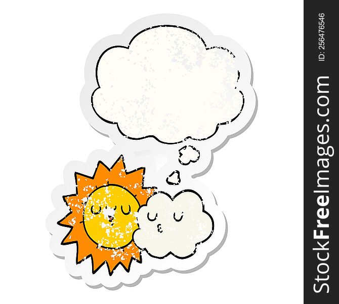 Cartoon Sun And Cloud And Thought Bubble As A Distressed Worn Sticker