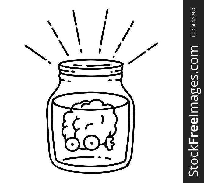 illustration of a traditional black line work tattoo style brain in jar