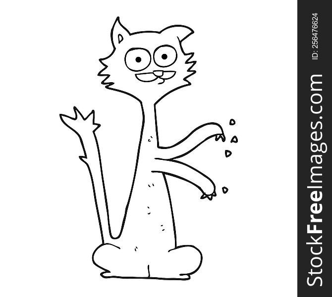 black and white cartoon cat scratching