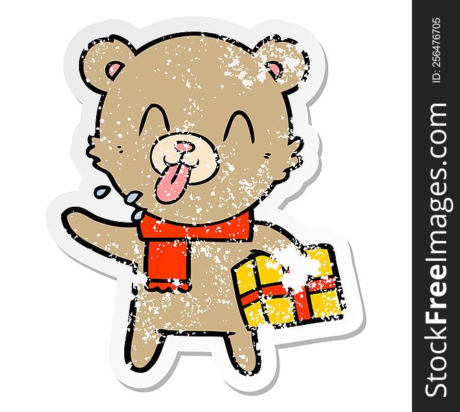 distressed sticker of a rude cartoon bear with present