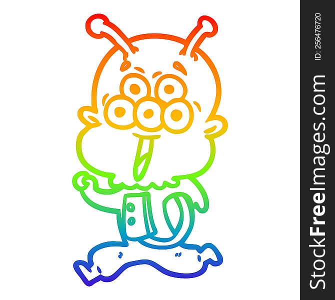 Rainbow Gradient Line Drawing Happy Cartoon Alien Running