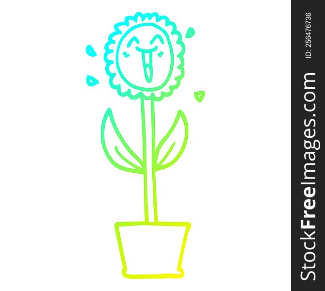 Cold Gradient Line Drawing Cartoon Flower In Pot