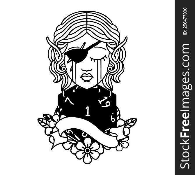 Black and White Tattoo linework Style crying elf rogue character face with natural one D20 roll. Black and White Tattoo linework Style crying elf rogue character face with natural one D20 roll