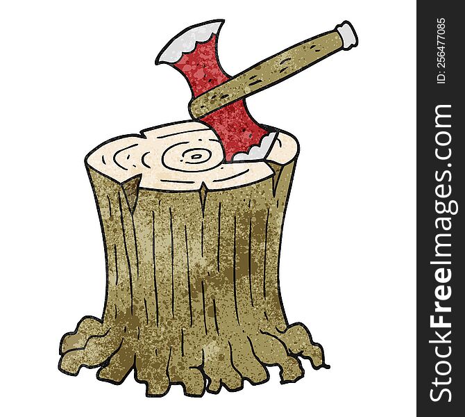 freehand textured cartoon axe in tree stump