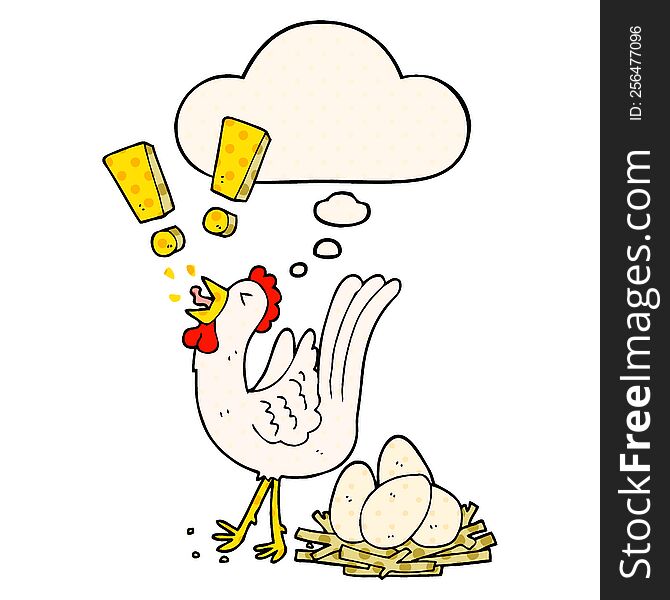 cartoon chicken laying egg and thought bubble in comic book style