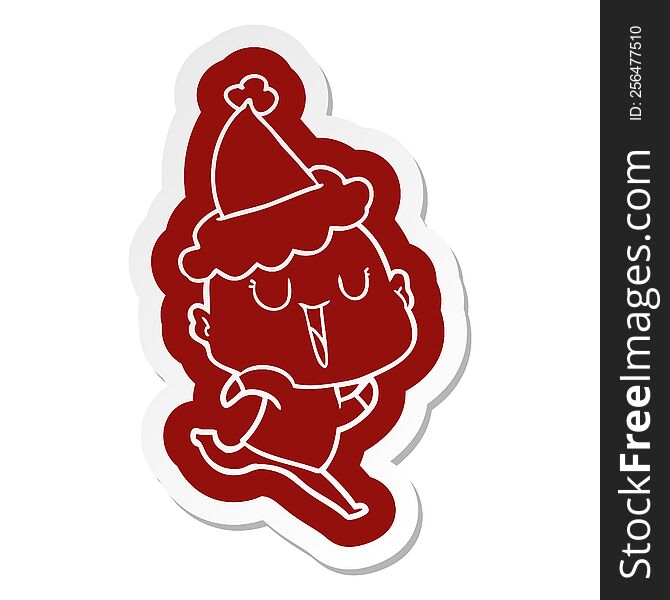 happy quirky cartoon  sticker of a bald man wearing santa hat