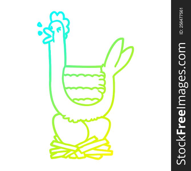 cold gradient line drawing of a cartoon hen sitting on nest