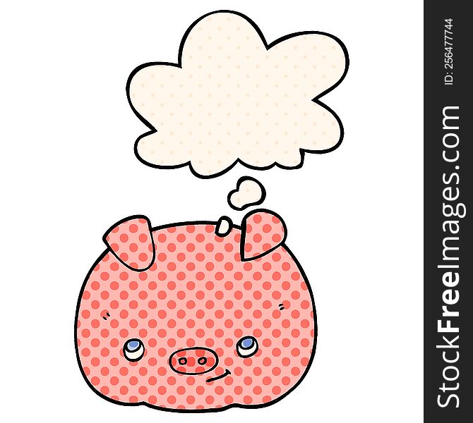 cartoon happy pig with thought bubble in comic book style