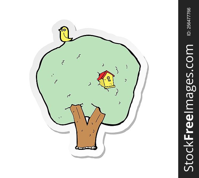 sticker of a cartoon tree with birdhouse